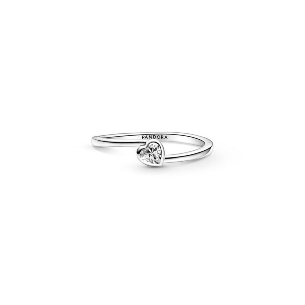 Pandora Moments Silver Cz Clear Tilted Heart Solitaire Ring